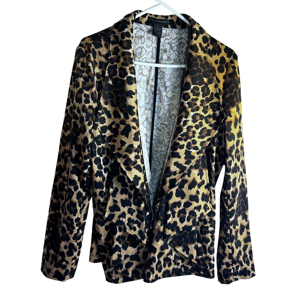Grace Elements Blazer XL Brown Leopard Print Draped Open Front Women